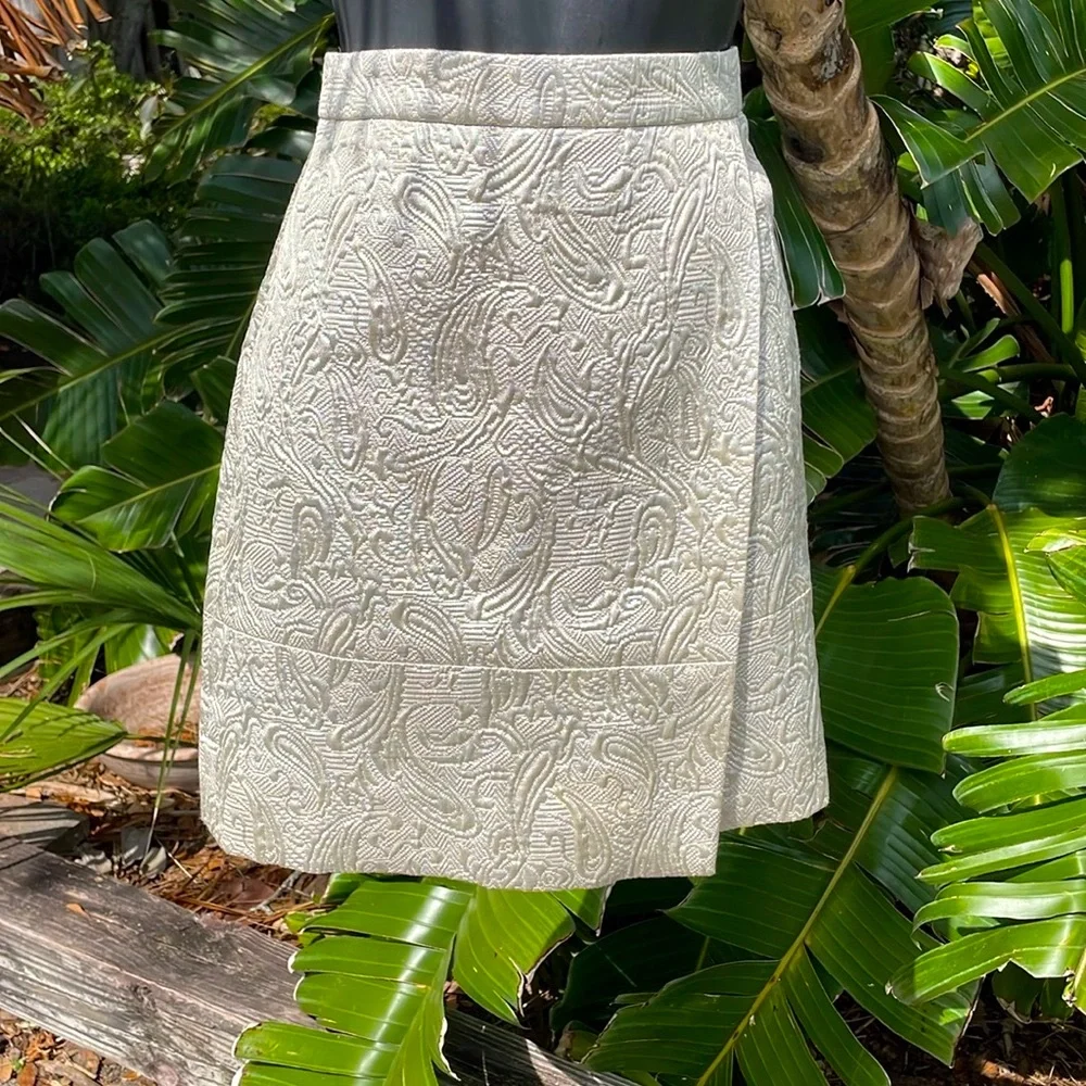 J.Crew platinum, silver brocade, rap style skirt